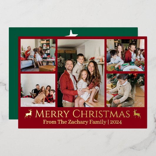 エレガントクリスマスのトナカイ家族の写真コラージュ 箔シーズンカード (正面/裏面)