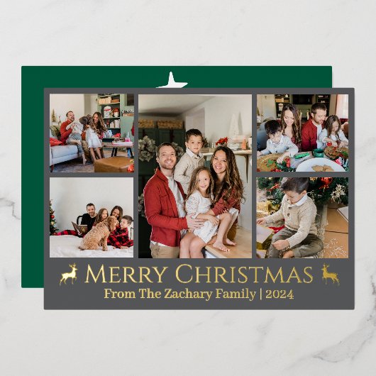 エレガントクリスマスのトナカイ家族の写真コラージュ 箔シーズンカード (正面/裏面)
