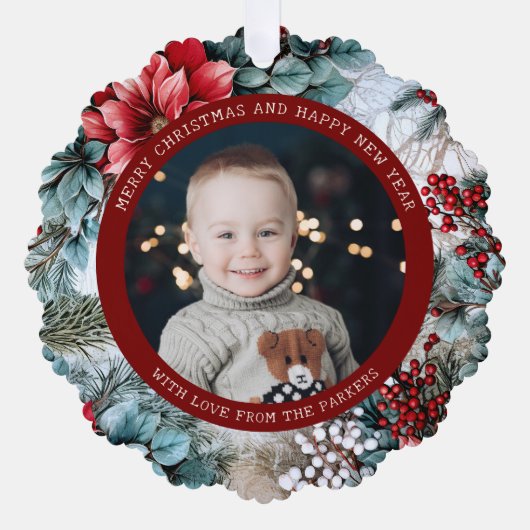 エレガントクリスマスのポインセチアとホリー写真 オーナメントカード (正面)