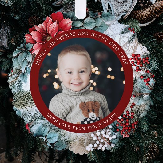 エレガントクリスマスのポインセチアとホリー写真 オーナメントカード