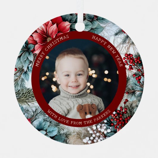 エレガントクリスマスのポインセチアとホリー写真 メタルオーナメント (正面)