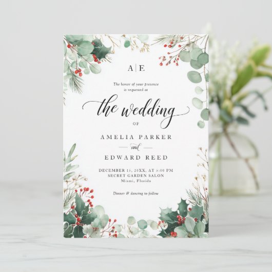 エレガントクリスマスの冬の結婚式 招待状 (スタンド正面)