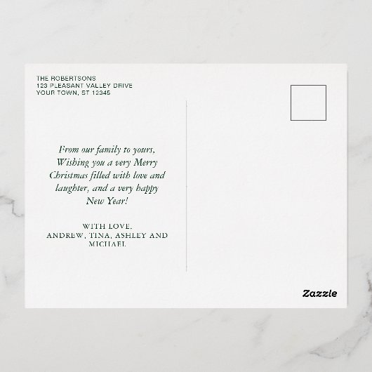 エレガントクリスマスの家族の写真オーナメント緑 箔シーズンポストカード (裏面)