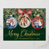 エレガントクリスマスの家族の写真オーナメント緑 箔シーズンポストカード (正面)