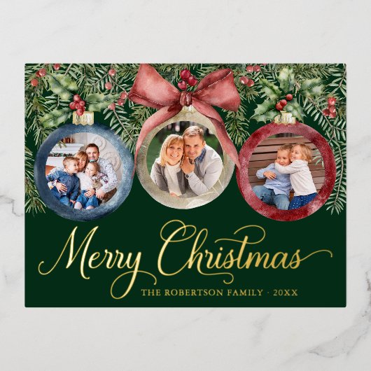 エレガントクリスマスの家族の写真オーナメント緑 箔シーズンポストカード (正面)