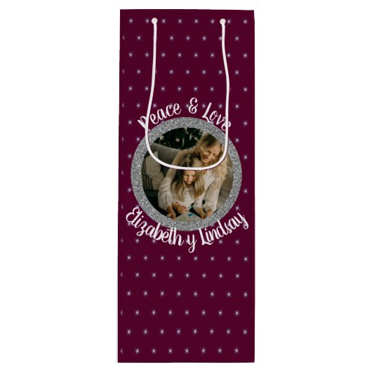 エレガントクリスマスの星の写真と名前ダークワイン ワインギフトバッグ (正面)