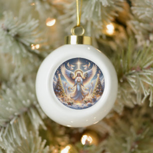 エレガントクリスマスの木々と天使のホリデーシーン セラミックボールオーナメント