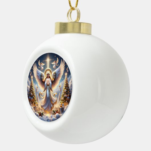 エレガントクリスマスの木々と天使のホリデーシーン セラミックボールオーナメント (右)