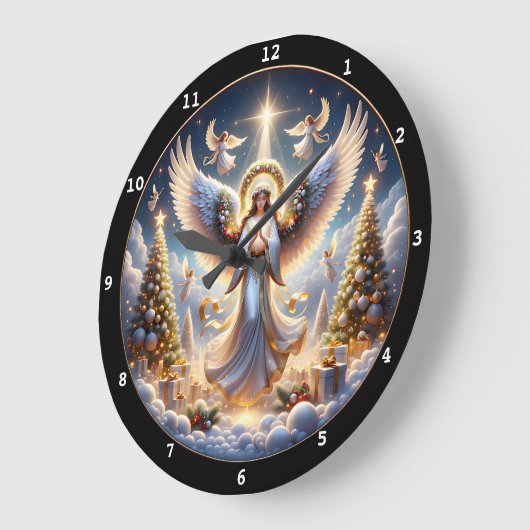 エレガントクリスマスの木々と天使のホリデーシーン ラージ壁時計 (傾斜)
