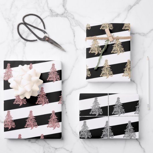 エレガントクリスマスの木のパストライプのターン ラッピングペーパーシート (正面)