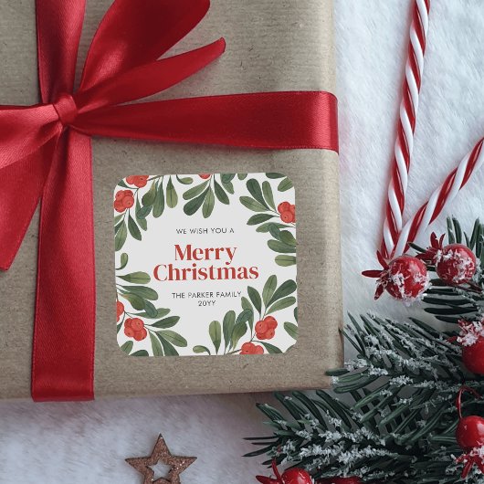 エレガントクリスマスの水の色の緑の赤い果実 スクエアシール