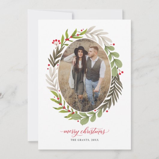 エレガントクリスマスの水彩緑の楕円形の写真 シーズンカード (正面)