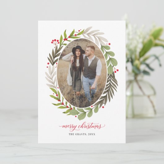 エレガントクリスマスの水彩緑の楕円形の写真 シーズンカード (スタンド正面)