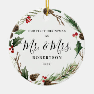 エレガントクリスマスの緑そしてミセス セラミックオーナメント