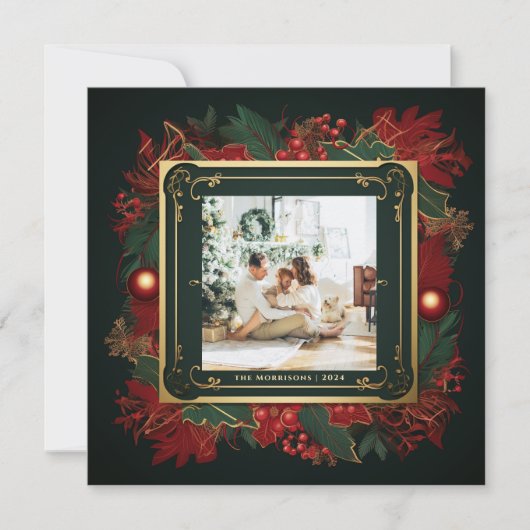 エレガントクリスマスの緑の金ゴールドフレームカスタム写真 シーズンカード (正面)