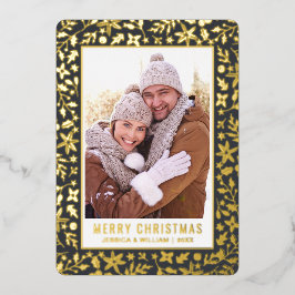 エレガントクリスマスの葉2枚の写真金ゴールド 箔シーズンカード