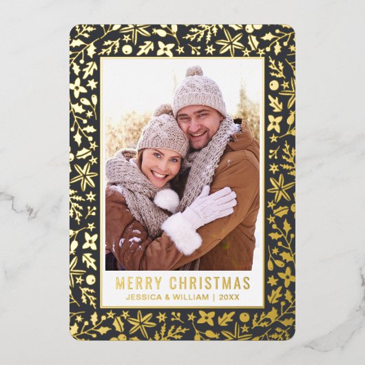 エレガントクリスマスの葉2枚の写真金ゴールド 箔シーズンカード (正面)