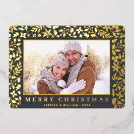 エレガントクリスマスの葉2枚の写真金ゴールド 箔シーズンカード