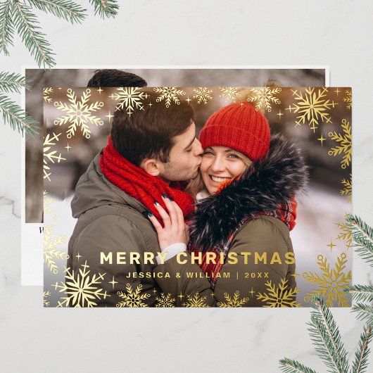 エレガントクリスマスの葉2枚の写真金ゴールド 箔シーズンカード