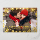 エレガントクリスマスの葉4枚の写真金ゴールド 箔シーズンカード (正面)