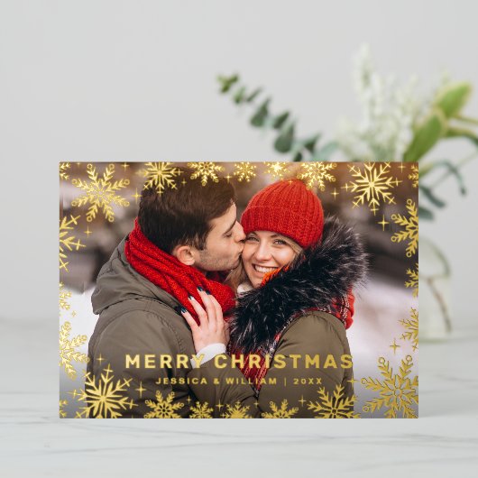 エレガントクリスマスの葉4枚の写真金ゴールド 箔シーズンカード (立ち正面)