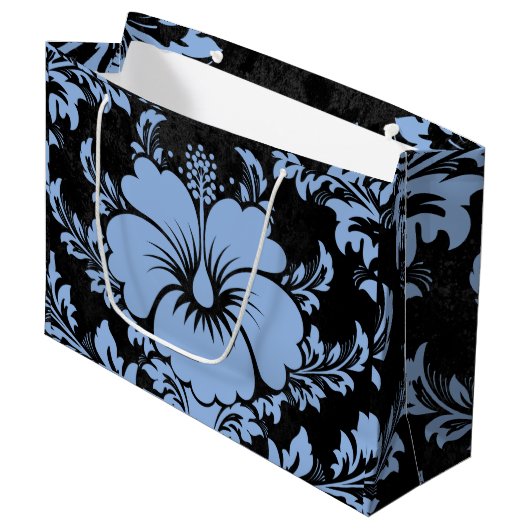 エレガントクリスマスの青いエレガントダマスク ラージペーパーバッグ (正面アングル)