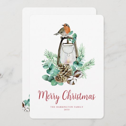 エレガントクリスマスの鳥の葉ノンフォトホリデー シーズンカード (正面/裏面)