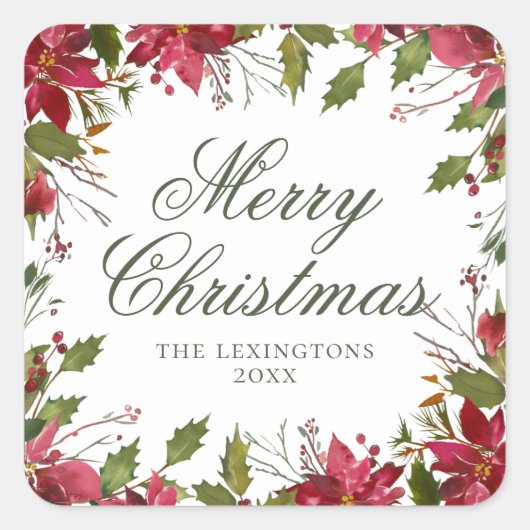 エレガントクリスマスウォーターカラーポインセチア スクエアシール (正面)