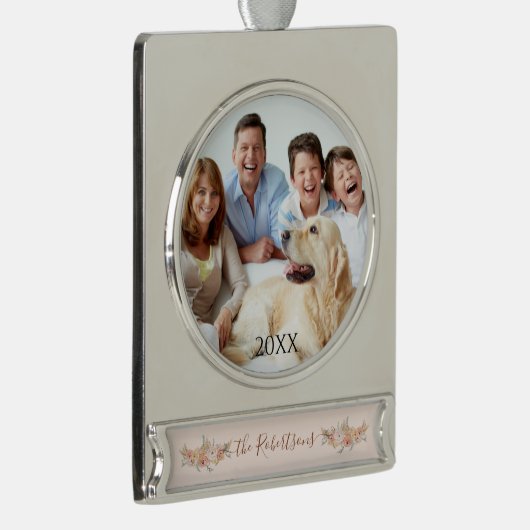 エレガントクリスマスウォーター色赤面フローラ写真 シルバープレートバナーオーナメント (右)