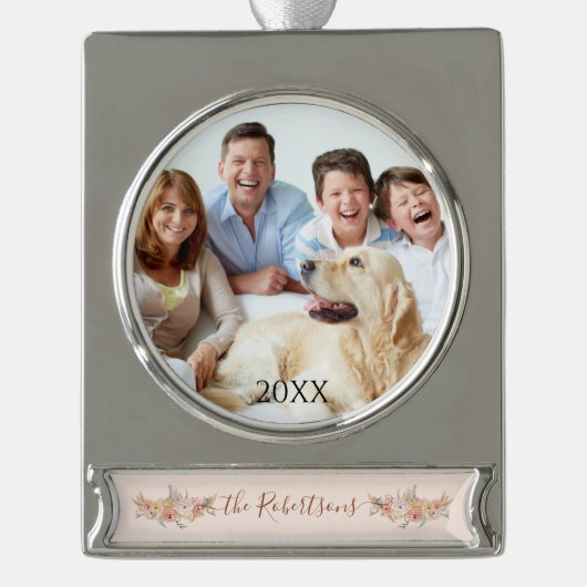 エレガントクリスマスウォーター色赤面フローラ写真 シルバープレートバナーオーナメント (正面)