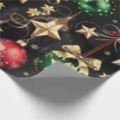 エレガントクリスマスオーナメントとゴールデンスターズ ラッピングペーパー (角)