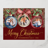 エレガントクリスマスオーナメントファミリー写真赤金ゴールド 箔シーズンポストカード (正面)