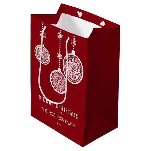 エレガントクリスマスオーナメント赤 ミディアムペーパーバッグ (正面アングル)