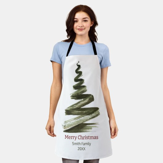 エレガントクリスマスグリーンツリーの水色 エプロン (着用した状態)
