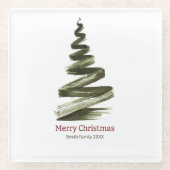 エレガントクリスマスグリーンツリーの水色 ガラスコースター (正面)