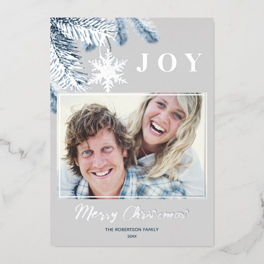 エレガントクリスマスシルバー雪の結晶ブルーグレージョイ 箔シーズンカード (正面)