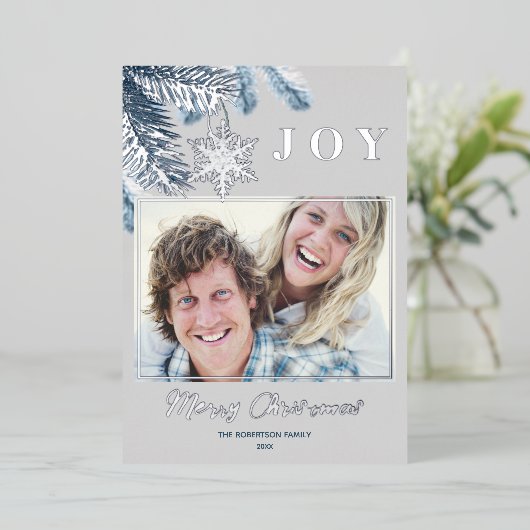 エレガントクリスマスシルバー雪の結晶ブルーグレージョイ 箔シーズンカード (立ち正面)