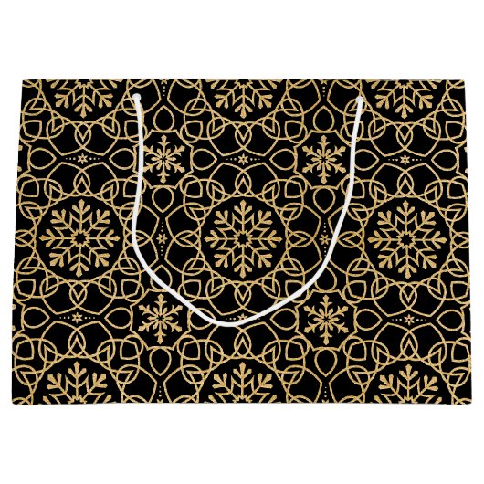 エレガントクリスマススノーフレークフェイク金ゴールドブラック ラージペーパーバッグ (正面)