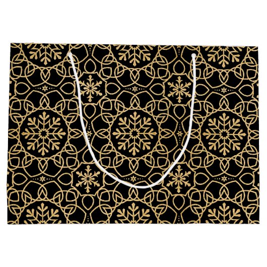 エレガントクリスマススノーフレークフェイク金ゴールドブラック ラージペーパーバッグ (裏面)