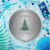 エレガントクリスマスツリーグリーンシルバーネームオーナメント ペーパープレート (パーティー)