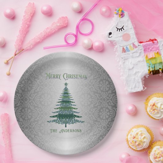 エレガントクリスマスツリーグリーンシルバーネームオーナメント ペーパープレート (パーティー)