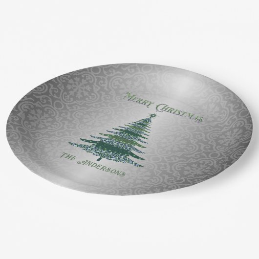 エレガントクリスマスツリーグリーンシルバーネームオーナメント ペーパープレート (アングル)