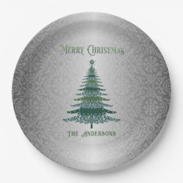 エレガントクリスマスツリーグリーンシルバーネームオーナメント ペーパープレート
