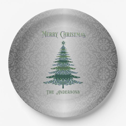 エレガントクリスマスツリーグリーンシルバーネームオーナメント ペーパープレート (正面)