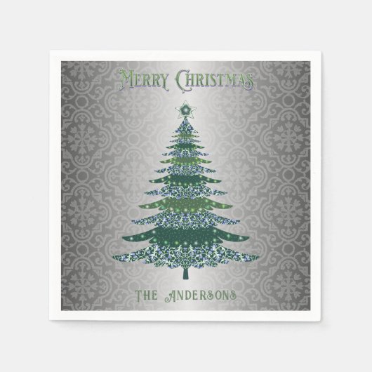 エレガントクリスマスツリーグリーンシルバーネームカスタム スタンダードカクテルナプキン (正面)