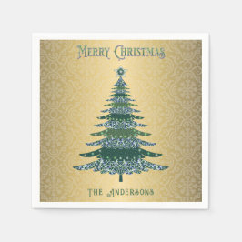 エレガントクリスマスツリーグリーン金ゴールド名カスタム スタンダードカクテルナプキン
