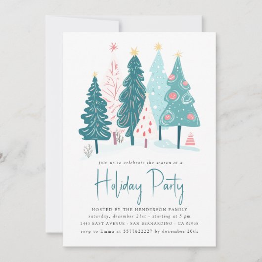 エレガントクリスマスツリースケッチホリデーパーティー 招待状 (正面)