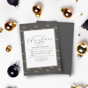 エレガントクリスマスツリーズグレー&金ゴールドホリデーパーティー 招待状