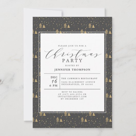 エレガントクリスマスツリーズグレー&金ゴールドホリデーパーティー 招待状 (正面)