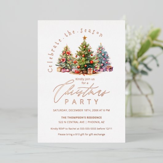 エレガントクリスマスツリーズホリデーパーティーバラ金ゴールド 箔招待状 (立ち正面)